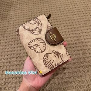 NWT Coach Medium Corner Zip Wallet Signature Canvas Shell Print CBO36 Gold/Sand